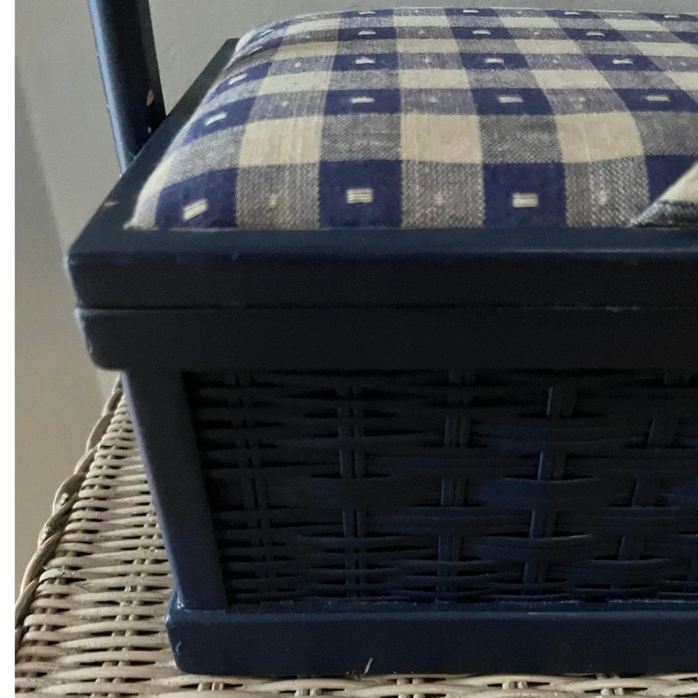 Vintage Navy Blue Wicker Sewing Basket Gingham Padded Lid Organizer Handle